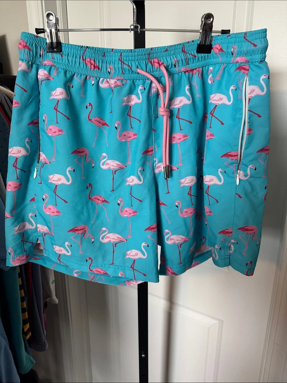 Turquoise Flamingo Print Men’s Swim Trunks